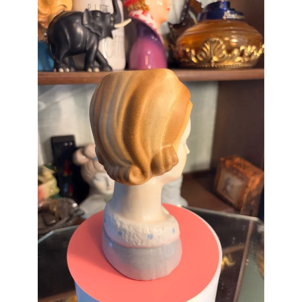 Vintage Mid Century Ceramic Lady Head Vase Blue Glove Blonde Hair 1950s Planter